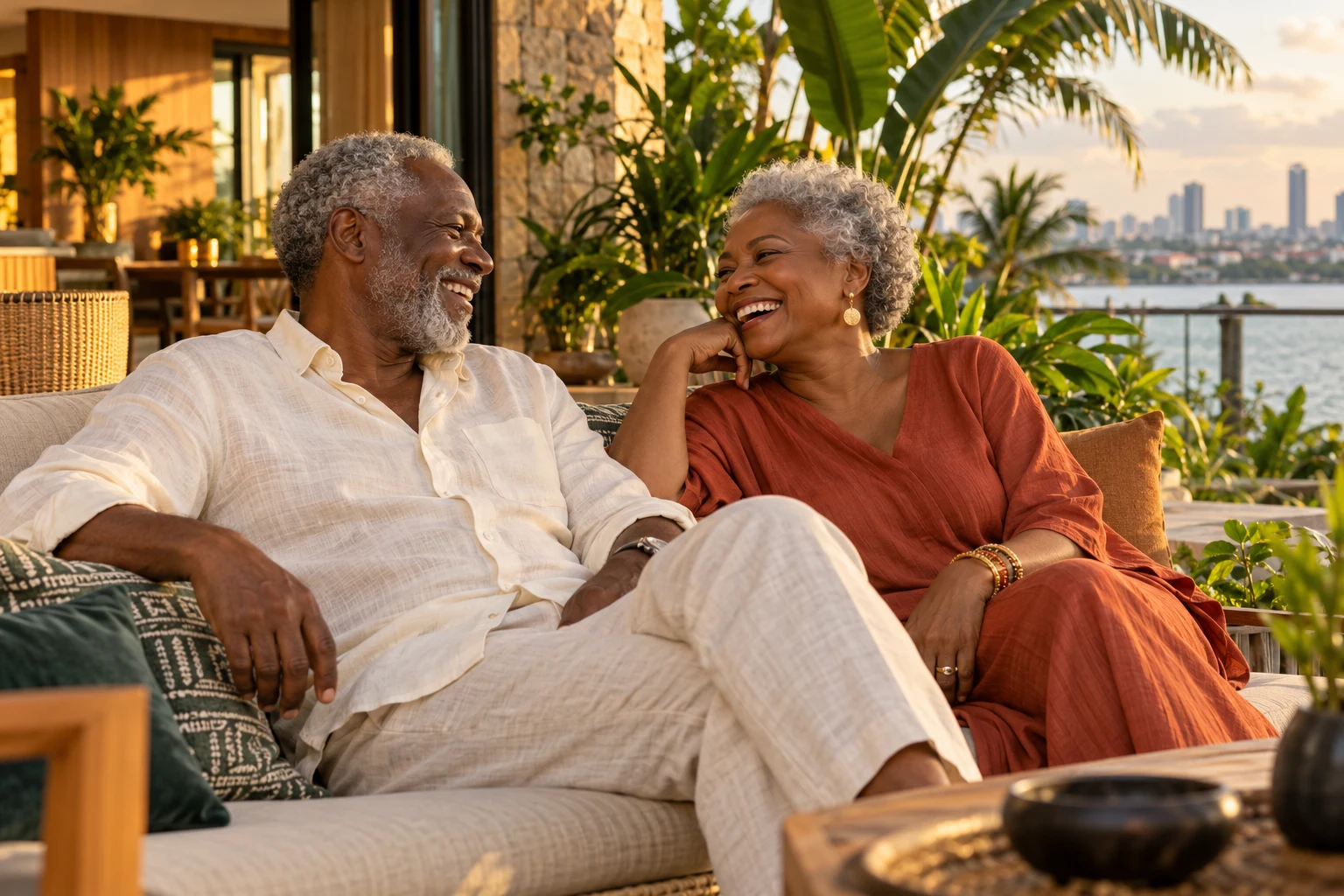 An older Nigerian couple enjoying a joyful moment together