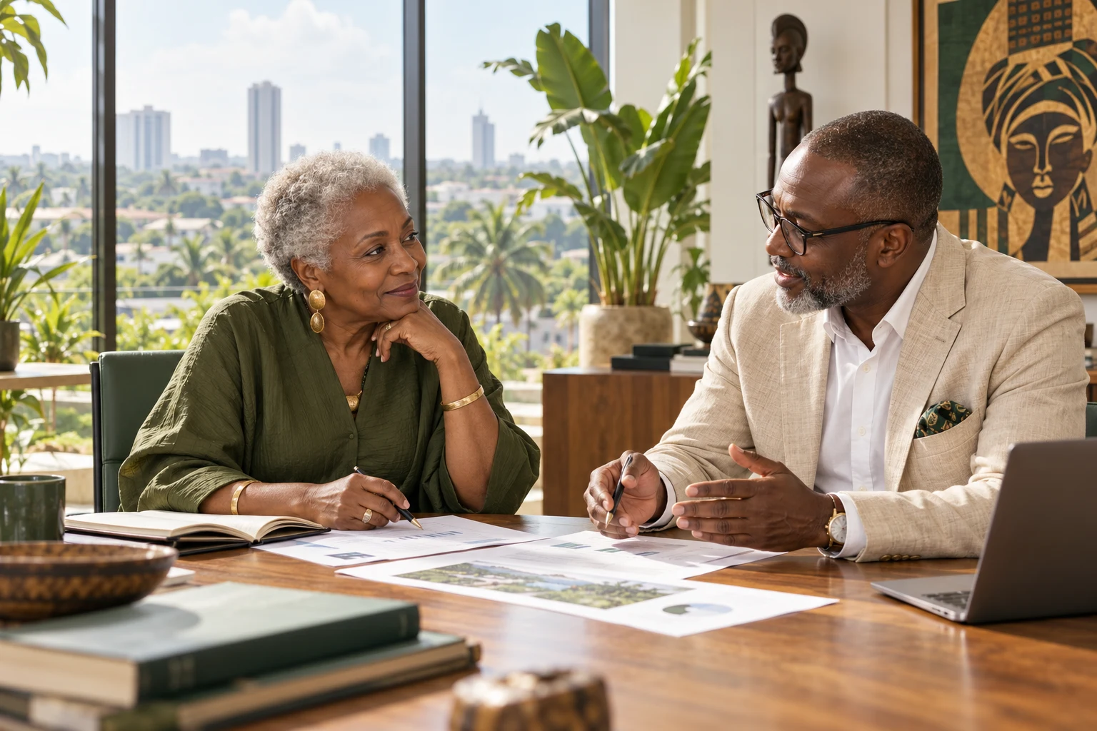 Older Nigerian woman discussing her plans with a business adviser